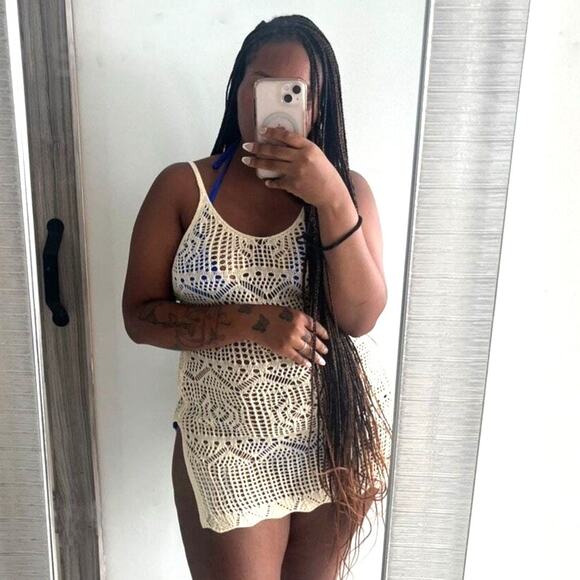 New Large Beige Knit Crochet Swimsuit Cover Up Mini Dress Slit Beach White Ivory - Picture 1 of 5